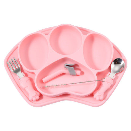 Highly Silicone Glue Feeding Dish with Spoon set & Straw | Infant Eating Training | Best Gift Box | Pink Color