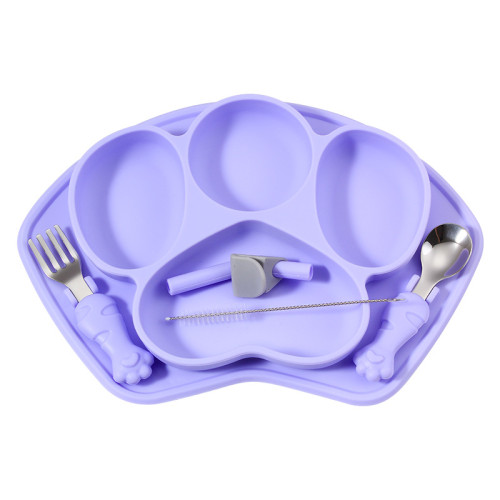 Highly Silicone Glue Feeding Dish with Spoon set & Straw | Infant Eating Training | Best Gift Box | Purple Color