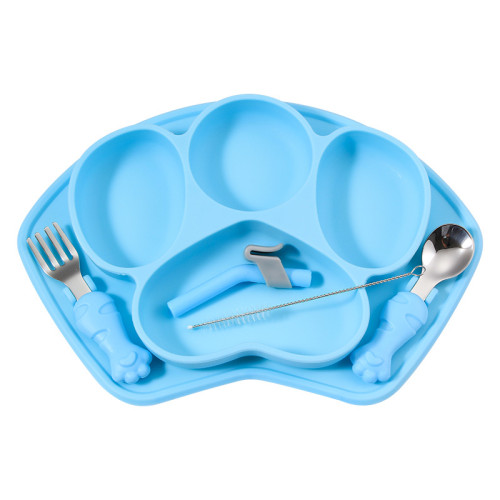 Highly Silicone Glue Feeding Dish with Spoon set & Straw | Infant Eating Training | Best Gift Box | Blue Color