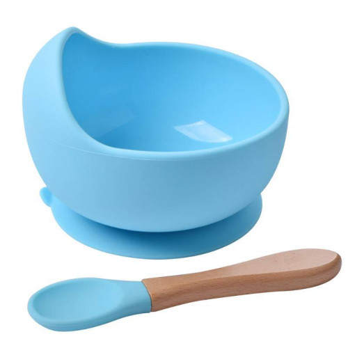High Quality Food Graded Non-Slip Baby Silicon Bowl and Spoon Set | Wood Suction | Blue Color-Lokkisona-bangladesh