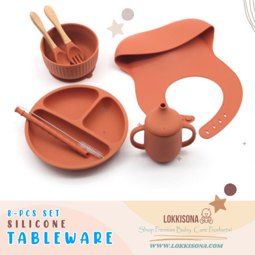 ScandiBite™ Silicone Dinner Set with Children's Eating Bib | 8pcs Set  | Special Edition | Caramel Color