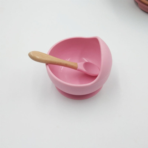 High Quality Food Graded Non-Slip Baby Silicon Bowl and Spoon Set | Wood Suction | Deep Pink-Lokkisona-bangladesh