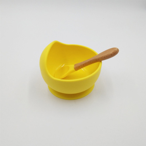 High Quality Food Graded Non-Slip Baby Silicon Bowl and Spoon Set | Wood Suction | Yellow-Lokkisona-bangladesh