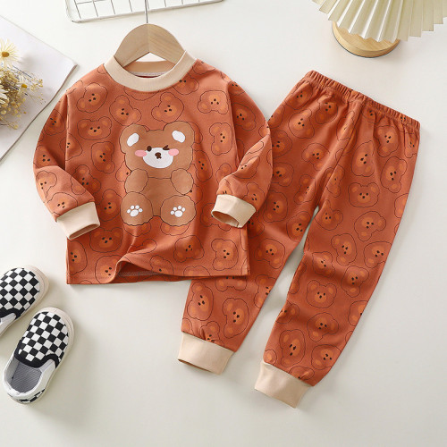 Top-Bottom Suit Boys & Girls Long Sleeve Comfortable Cute Cartoon Tops and Pants Set | Style: Orange Bear