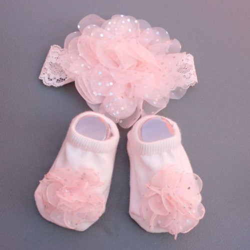0-12 Months | 2 Pcs Set Lace Chiffon Flower Hairband & Socks Set | Baby Accessories Sets | Pink Color