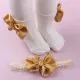 1 Pair Bow & 1 Pc Headband | For 6-24 Months Golden Color Infant Baby Girl Headband Socks Set | Lace Silk