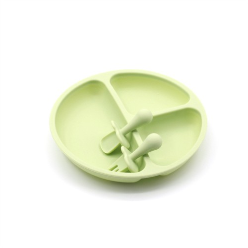 Silicone Round Dinner Plate Set with Matching Small Spoon and Fork | Green Grass Color