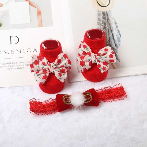Top Selling Bow Hairband & Socks Set | 0-12 Months | Baby Accessories Sets | Red Flower