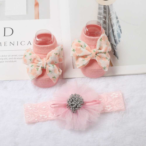 Top Selling Bow Hairband & Socks Set | 0-12 Months | Baby Accessories Sets | Pink Green Flower