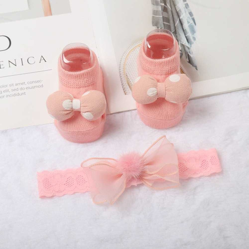 Top Selling Bow Hairband & Socks Set | 0-12 Months | Baby Accessories Sets | Pink White Dot